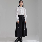 复古宫廷风设计2024春款蕾丝，花边白色衬衫+明线黑色半身裙2件套装
