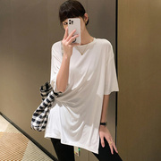 韩国版型设计简约百搭垂感宽松中长款纯色短袖，t恤衫女夏装莫代尔