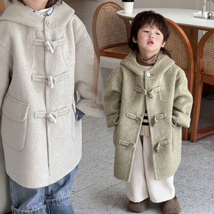 韩国童装男女童百分百双面羊绒，大衣连帽中长款韩系中大童呢外套