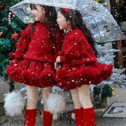 毛球毛衣tutu裙二代圣诞，秋冬新春拜年服公主，裙套装女童网纱半身裙
