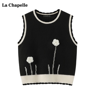 拉夏贝尔/La Chapelle立体花朵针织背心马甲女春季圆领坎肩上衣