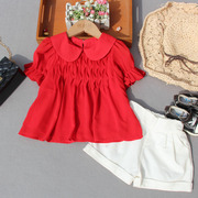 甜美韩系上衣女童2023夏装儿童娃娃领短袖上衣，红色雪纺衬衫潮