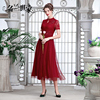 名兰世家原创设计高端蕾丝短袖，礼服喜婆婆妈妈婚礼婚宴红色连衣裙