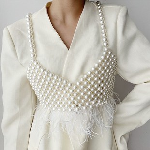 法式羽毛下摆白色珍珠吊带腰封，配西装连衣，裙子腰带女高级感大珍珠