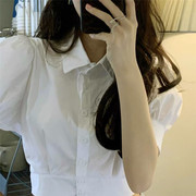设计感小众白色衬衫，女短袖夏季港味复古法式高腰短款别致上衣