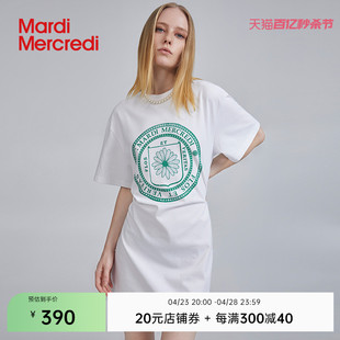 MardiMercredi徽章字母印花连衣裙女休闲百搭显瘦纯棉宽松长裙