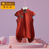女童中国风天丝旗袍裙子红色，2024夏季小女孩，连衣裙唐装女宝宝