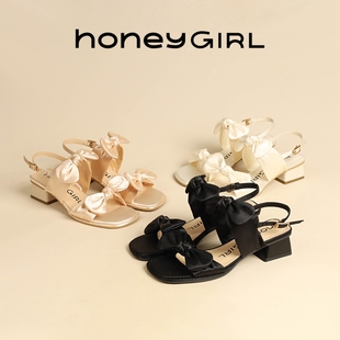 honeygirl粗跟凉鞋女2023夏季时尚休闲法式一字带露趾高跟鞋