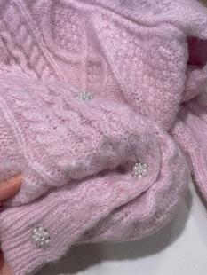 品牌折扣女装外贸 粉紫色浣熊绒毛衣小众粗麻花针织开衫