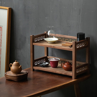 黑胡桃木新中式茶具茶杯收纳架，桌面小型置物架实木多宝阁博古架子
