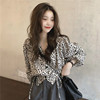 法式V领复古豹纹雪纺衬衫韩版设计感系带衬衣短款上衣