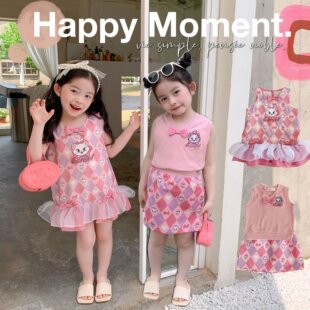 姐妹装夏装女童网红粉色连衣裙套装2024陈大猪童装儿童菱格裙