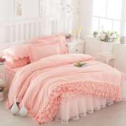 高档韩版公主磨毛蕾丝床罩床裙式四件套纯色花边被套床套1.5/1.84