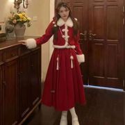 红色圣诞套装新年战袍，圣诞节秋冬连衣裙外套两件套半身裙