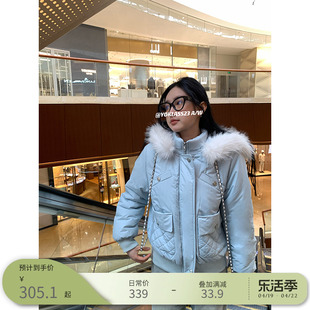 王少女(王少女)的店蓝色防风，连帽毛领棉服2024冬季韩系宽松显瘦夹棉厚外套