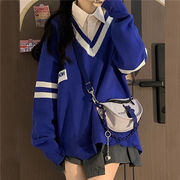 单件套装秋冬v领字母拼色毛衣，针织衫女学生韩版+长袖衬衫两件套