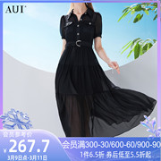 aui黑色雪纺衬衫连衣裙女2023夏设计(夏设计)感气质优雅女人味中长裙