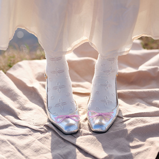 月曜事务所原创设计 手工制作银色蛇纹粉色蝴蝶结撞色后空平底鞋