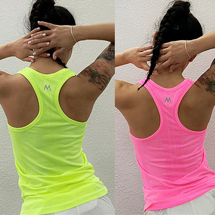 荧光骚粉色运动健身女跑步专业训练反光速，干轻薄工字背心上衣女夏