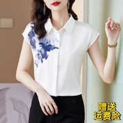 夏季品牌真丝衬衫女短袖设计感小众国风复古水墨印花白色衬衣