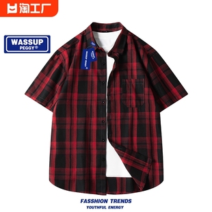 wassuppeggy红色格子短袖衬衫男高级感夏季美式复古休闲半袖衬衣