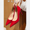 玛美妮大小码，单鞋31-43漆皮红色高跟鞋，女细跟百搭婚鞋女