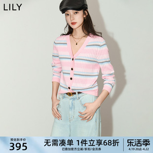LILY2024夏女装设计感撞色条纹气质修身短款针织开衫外套上衣