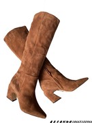 9cm马蹄跟大码靴子棕羊绒，皮时尚复古方头，侧拉链个性跟及膝高筒靴