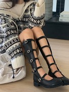 韩国东大门细皮带扣夏季镂空长筒靴子2023年方跟小众罗马凉靴