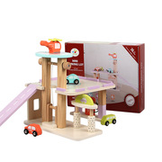 木制仿真双层升降停车场，模型儿童早教交通加油站，汽车轨道玩具