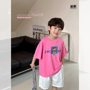 虾酱麻麻男童短袖t恤夏季2023宝宝体恤粉色字母儿童薄衣服潮