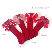 儿童袜子春秋大红色可爱女宝宝长筒袜冬天婴儿满月周岁高筒袜毛线
