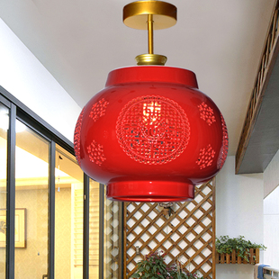 新中式轻奢古典景德镇中国红陶瓷不褪色全铜大号福字灯笼吊灯吸顶