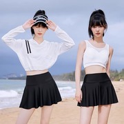 分体泳衣女海边度假三件套黑白罩衫保守2023冬天游泳衣泡温泉