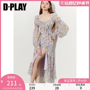 dplay2024年夏紫色连衣裙海边度假裙，雪纺连衣裙法式碎花裙长裙女