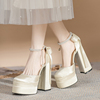 气质名媛白色方头超高跟鞋，仙女风粗跟一字带法式厚底玛丽珍珠单鞋