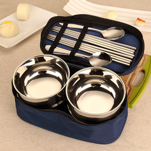 不锈钢饭碗便携式折叠餐具单人儿童碗筷套装户外旅行筷子勺三件套