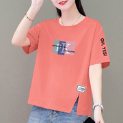 100%纯棉短袖T恤女时尚韩版宽松显瘦大码休闲不规则设计感开叉上