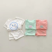 韩版婴幼童装糖果色纯棉，休闲短袖套装，字母笑脸t恤短裤两件套