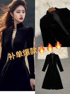 高级赫本风黑色丝绒连衣裙秋冬季女法式时尚气质长裙高端轻奢礼服