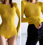 圆领连体衣女士秋冬洋气弹力修身黄色长袖T恤性感紧身螺纹打底衫