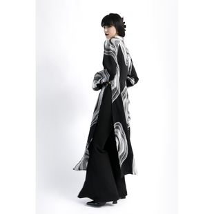 APOZi 高开叉长袖连衣裙女秋冬高个子复古设计感改良版黑色旗袍裙