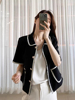 韩国chic夏季法式气质小香风翻领镶边撞色双口袋短袖外套女