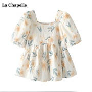 拉夏贝尔/La Chapelle夏季方领泡泡袖碎花衬衫女短袖小衫上衣
