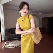 新中式国风黄色无袖连衣裙女装夏季改良旗袍复古御姐风禅意长裙子