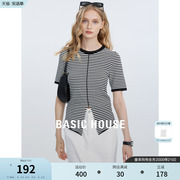 Basic House/百家好条纹短袖t恤女夏季圆领不规则打底衫