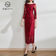 高端蕾丝绣花连衣裙，女春季2024年时尚收腰显瘦中长款红色裙子