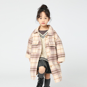 康衣儿女童羊毛呢子大衣韩版洋气中长款格子尼外套中大童小女孩