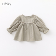 Elfairy女童格子娃娃衫宝宝春装衬衣2024儿童棉布衬衫田园风