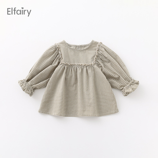 elfairy女童格子娃娃衫，宝宝春装衬衣，2024儿童棉布衬衫田园风